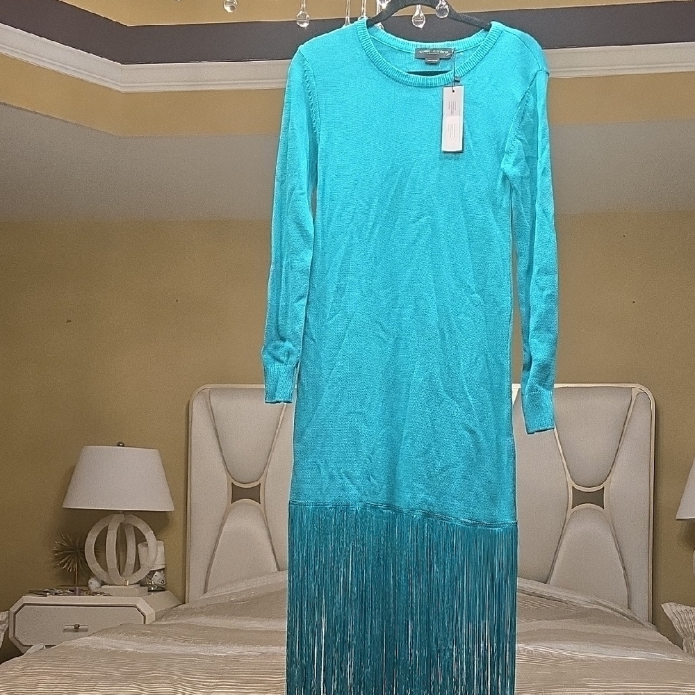 No Pise La Grama El Abrazo Sueter Dress Elegant Long Sleeve Emerald Fringe Dress — image 3 of 8
